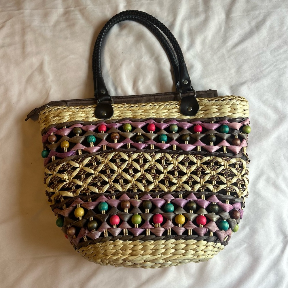 Woven Straw Beaded Tote Bag — Good Condition